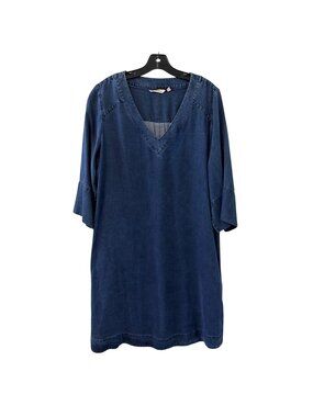 Soft Surroundings Denim Blue Tencel Lyocell V-Neck Dress 3/4 Bell Sleeves Size L